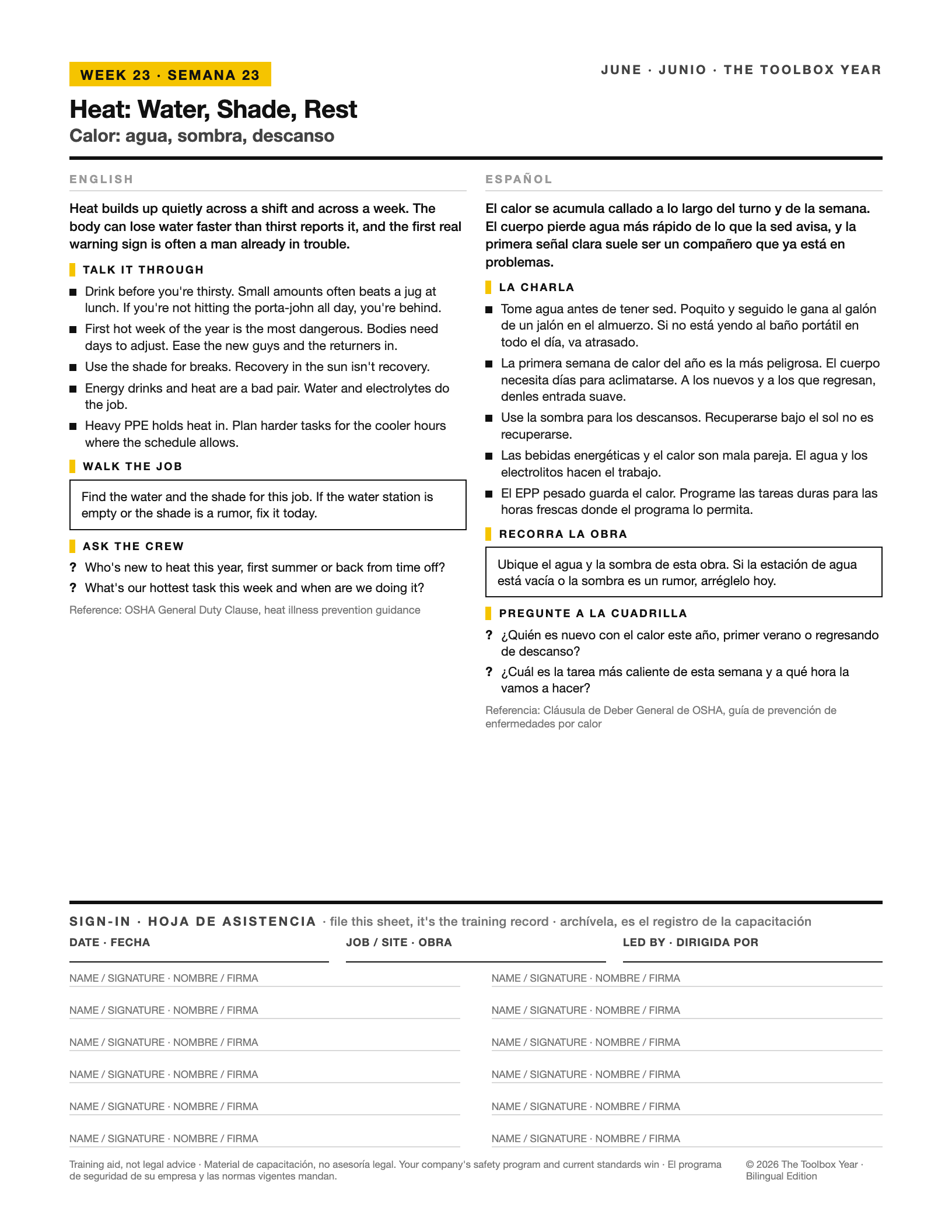 A bilingual toolbox talk page: English and Spanish columns with one shared sign-in sheet