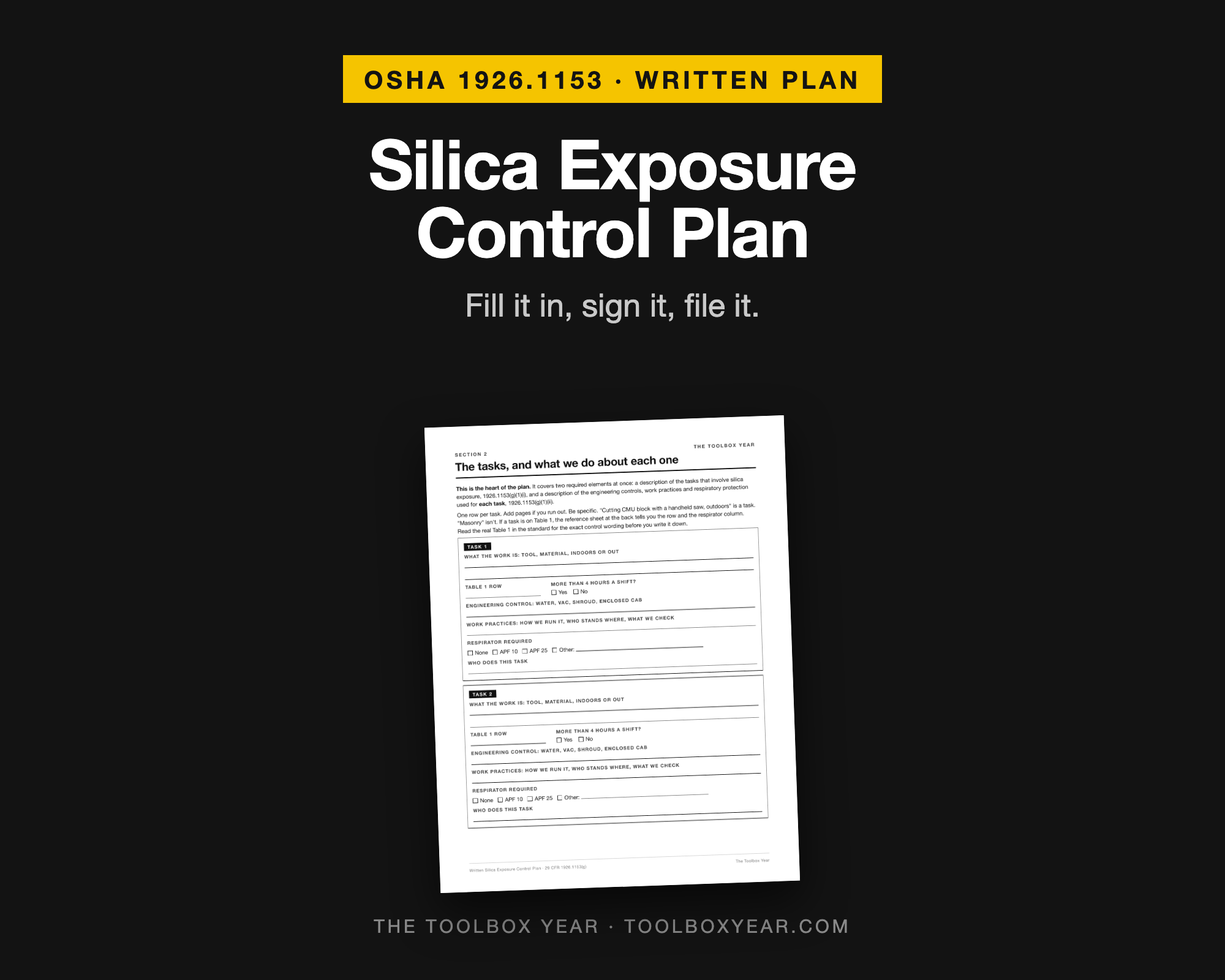 Written Silica Exposure Control Plan cover and a task page