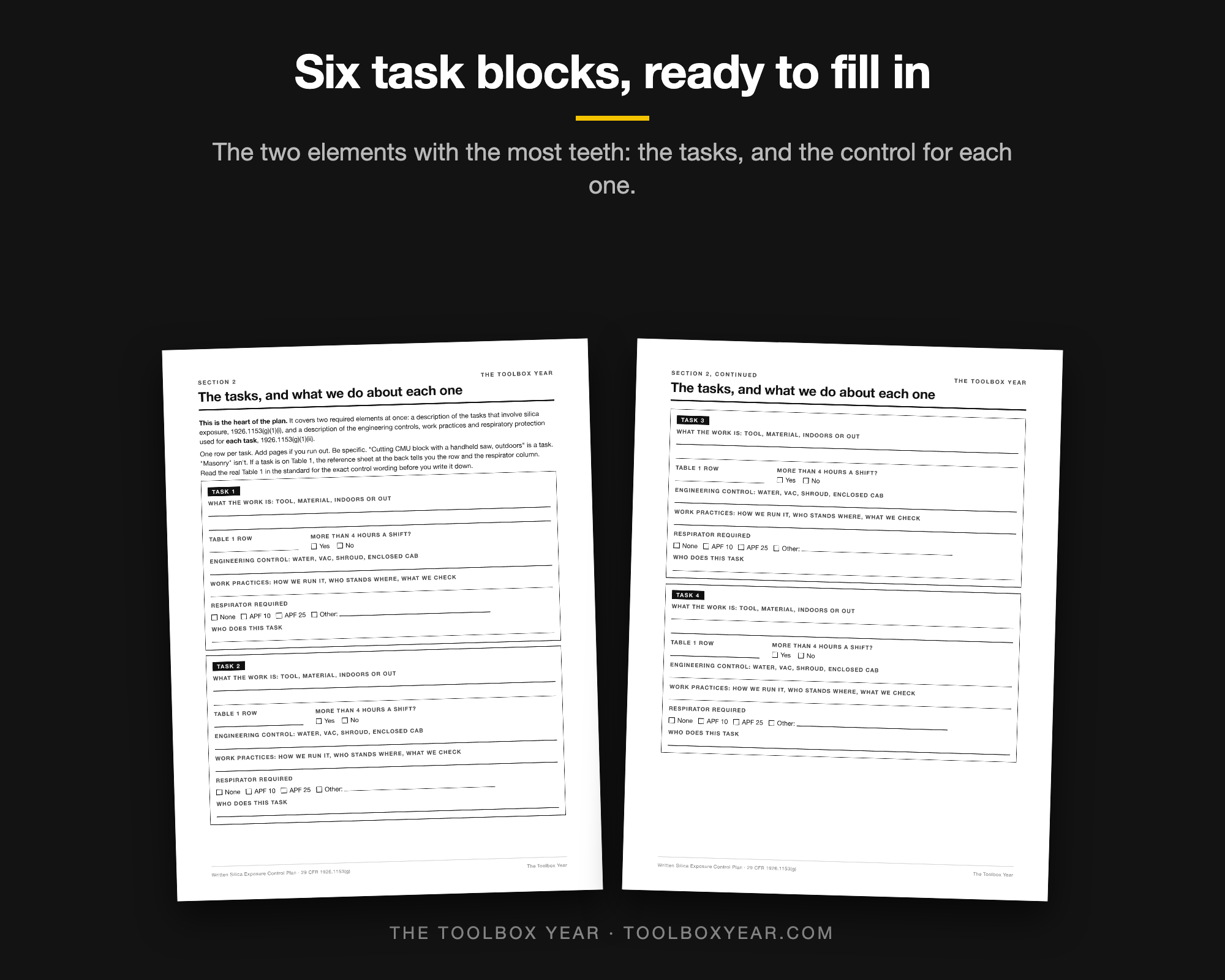 Task block page: what the work is, Table 1 row, engineering control, work practices, respirator