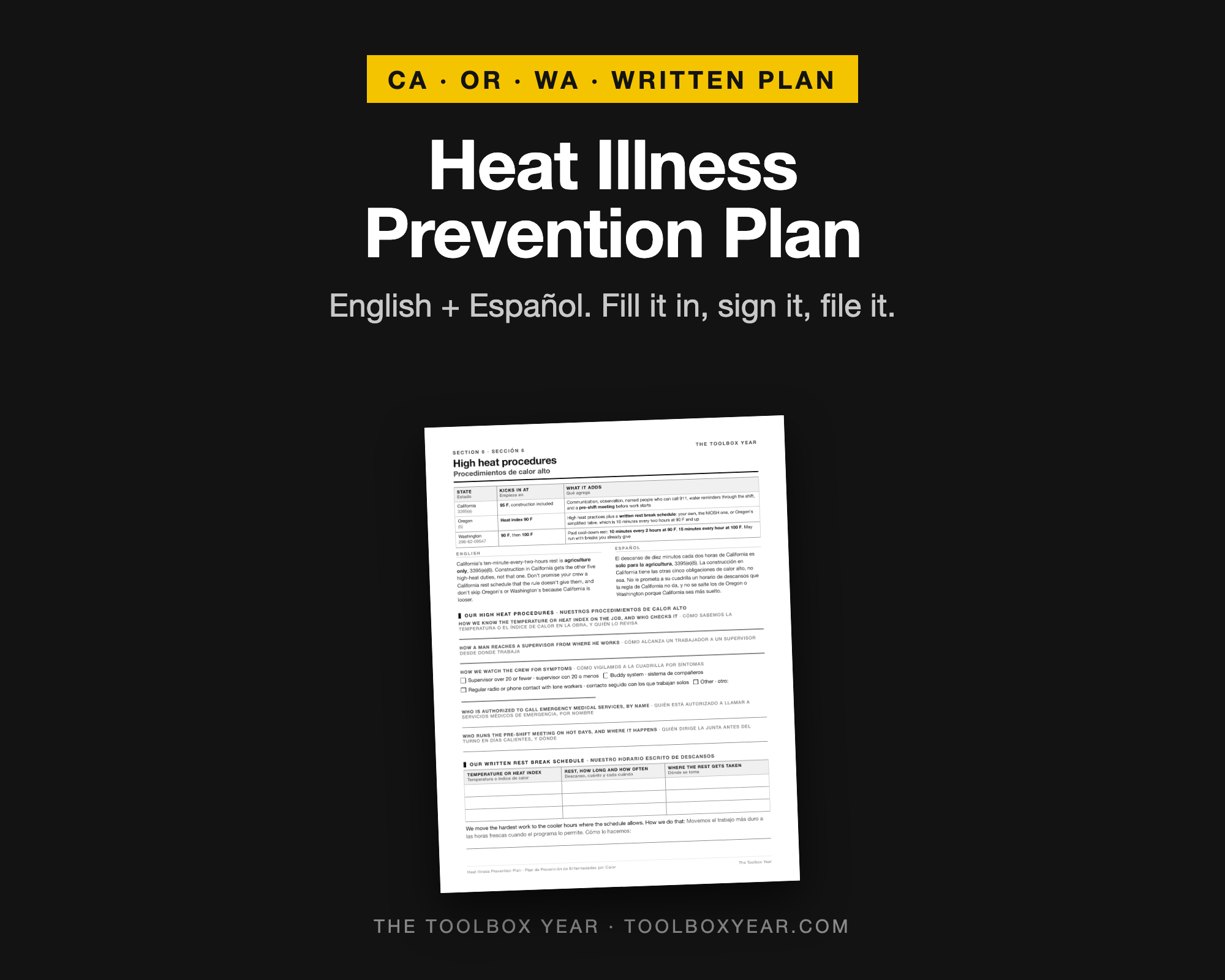 Bilingual Heat Illness Prevention Plan cover and a high heat page