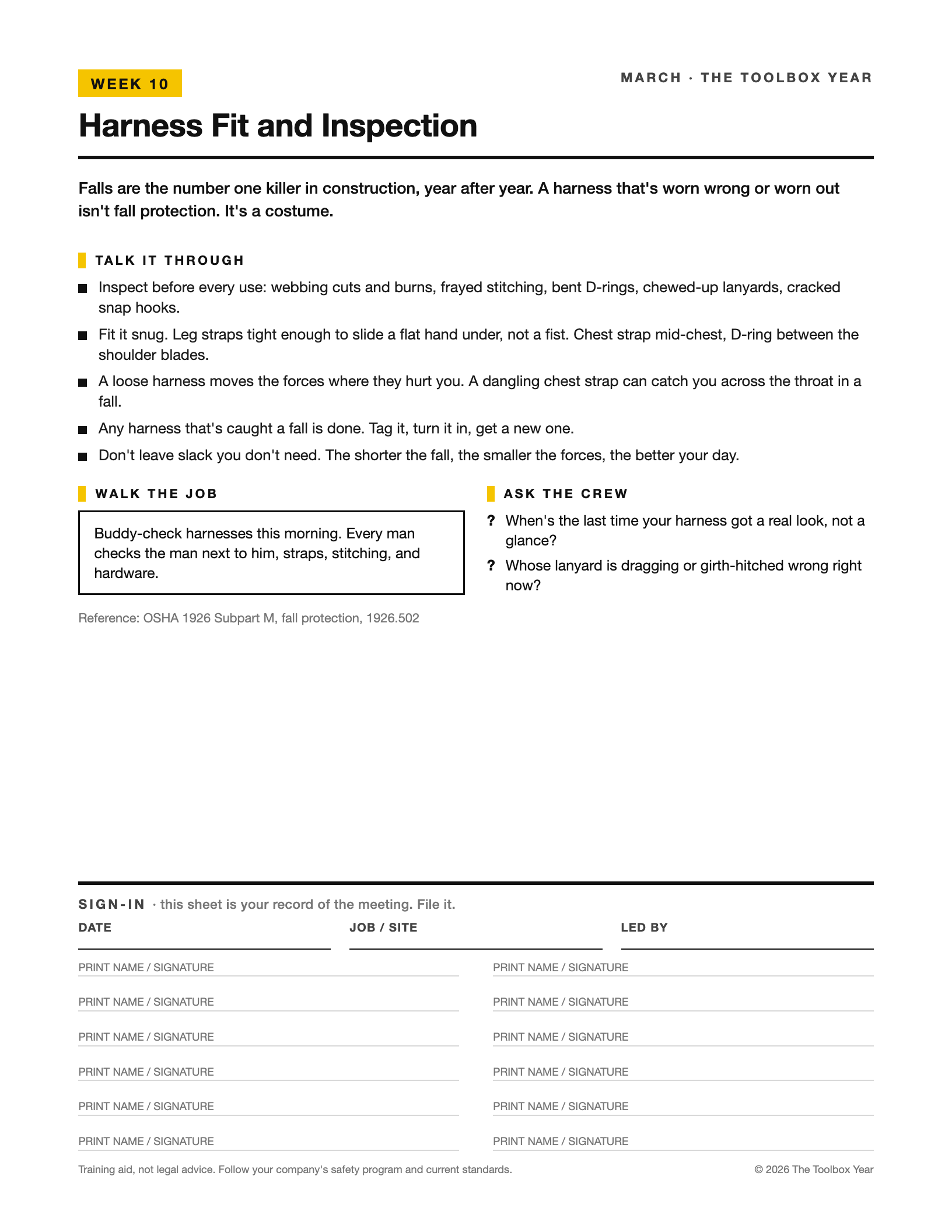 A toolbox talk page with the sign-in sheet built in